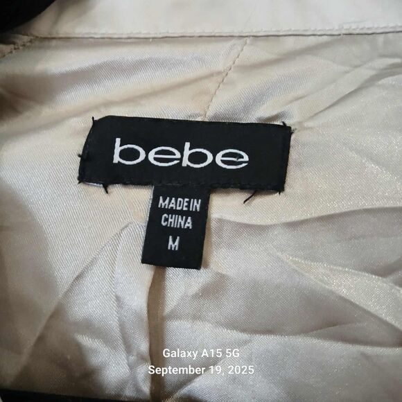 Bebe Vintage Y2K Cropped Moto Bomber Jacket Size M RARE Tan Beige Gold 00s Zip - Picture 6 of 9